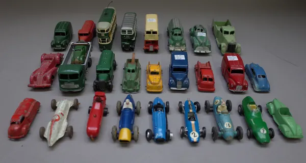 A quantity of playworn die-cast vehicles including; Crescent toys, Corgi, Dinky, Tootsie and others, pre and post war, (approx 35).