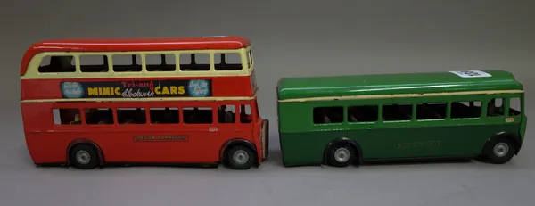 A Triang Minic tinplate 'Green Line' bus and a Triang Minic 'London Transport' double decker bus in red, (2).