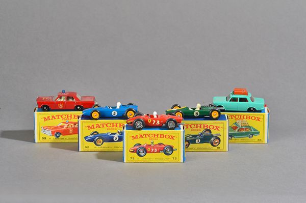 Twelve Matchbox die-cast vehicles, comprising; (x2) No 56 Fiat 1500, (x4) No 19 Lotus racing car, (x2) No 52 B.R.M racing car, No 64 M.G 1100 and No 5