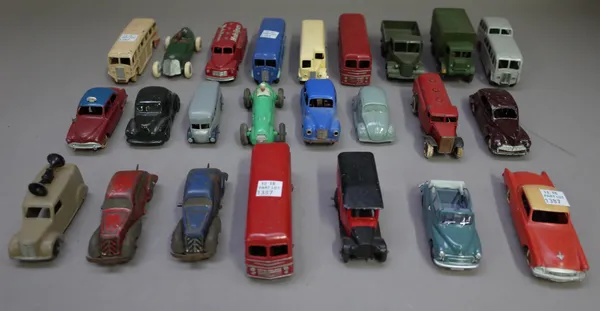 A quantity of Dinky die-cast vehicles, mainly pre-war, including; Royal Mail van, Loudspeaker van, 23J H.W.M racing car, Mobilgas tanker, Luxury coach