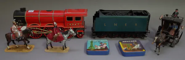Collectable toys, including; a Keebo Shand fire engine, a tinplate train construction set, a Herpa model aeroplane, painted lead soldiers and sundry,