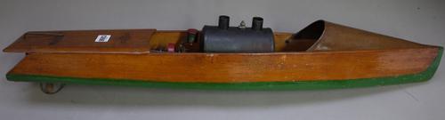 A Bowan 'Hobbies' steamboat of wooden construction with internal motor, metal top and propeller in a green painted wooden box, 80cm (with photograph o