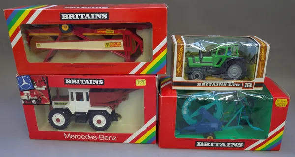 A quantity of Britains plastic farmyard vehicles and accessories including; 9526 tractor, 9547 hose drum irrigator, 9574 front end loader, 9556 hay ba