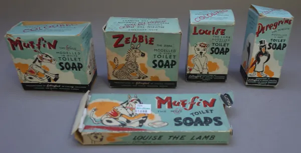 Muffin the Mule novelty soaps comprising; Louise the lamb (x2), Peregrine the penguin (x2), Muffin and The Zebra, contained in five boxes also a Muffi