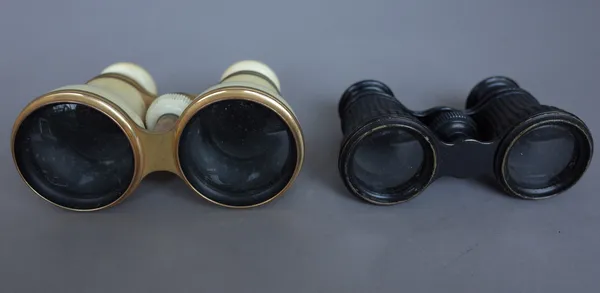 A pair of French, late 19th century ivory and bone mounted brass opera glasses engraved '12 Vevies' and a pair of adjustable opera glases, both cased,