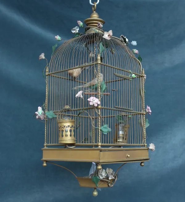 A gilt metal birdcage form chandelier, mid-late 20th century, of domed square form with applied porcelain floral decoration, 70cm high.