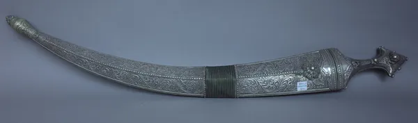 A Persian sword, early 20th century, with polished steel curved blade, 58cm, white metal covered wooden handle and foliate embossed white metal sheath