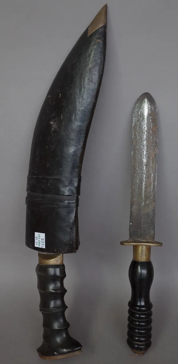 A Siebe Gorman divers knife with double edged steel blade, 19cm, brass hilt and ribbed hardwood handle and a horn handled Kukri with leather scabbard,
