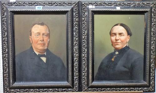 Auguste Despret? (late 19th century), Portrait of a lady; Portrait of a gentlemn, a pair, oil over a photographic base, each 36cm x 27cm.(2)  G1