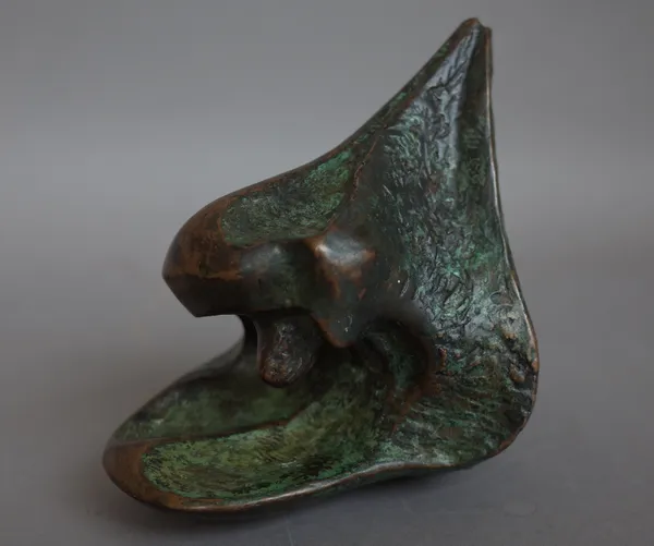An abstract bronze sculpture, possibly a stylised dove, verdigris patination, indistinctly signed 'Earlham' ltd edition 1/7, lacking base, 9.5cm high.