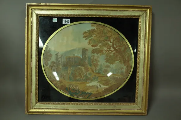 A Regency silkwork picture depicting figures in a landscape with a castle to the background in a giltwood rectangular frame, panel 38cm wide and anoth