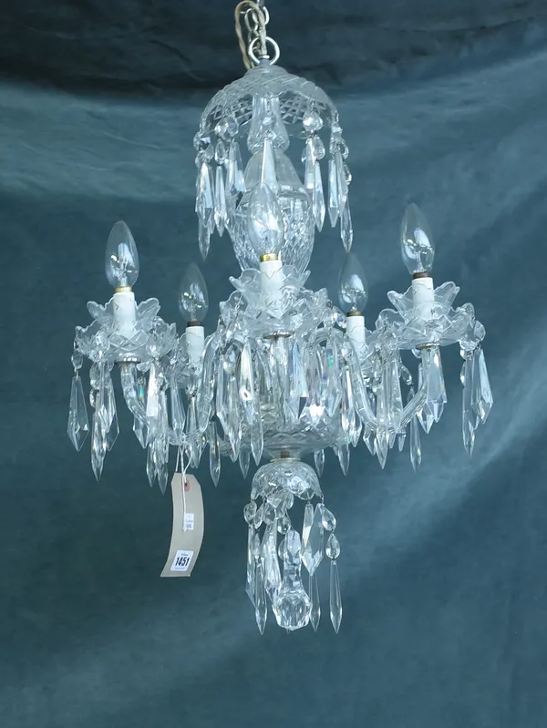 A Waterford five branch crystal chandelier, the urn form central stem issuing five swan neck branches hung with crystal drops, 55cm high.