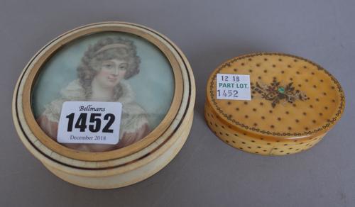A French, late 19th century, Palais Royale ivory circular box and cover inset with a painted miniature on ivory, 10cm diameter and a pique work oval b