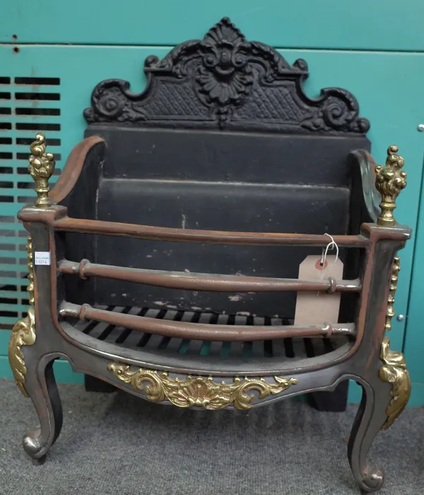A Georgian style steel and brass mounted three bar fire grate with moulded cast iron back plate ,61cm high and a pair of Victorian brass andirons, (3)