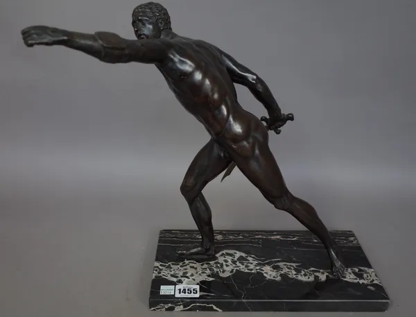 A French bronze 'Gladiator', late 19th century, with sword (lacking shield), naked on top of a black vein marble plinth, 35.5cm high.