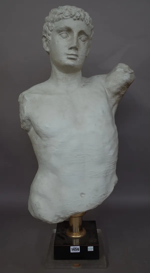A white painted composite bust, late 20th century, modelled as the head and torso of a Romanesque male, raised over a perspex plinth, 85cm high.