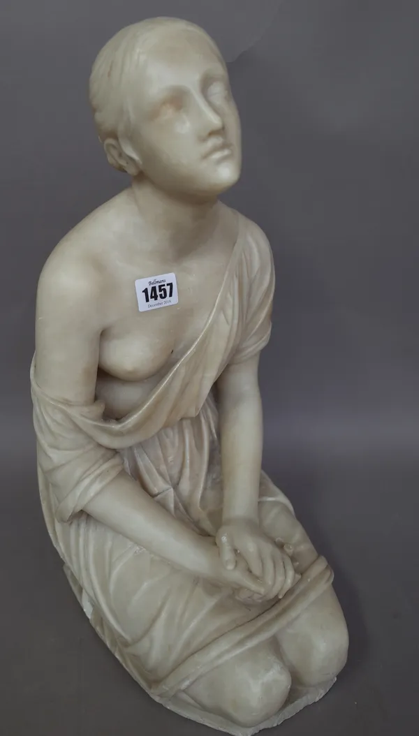 An alabaster figure, late 19th century, the lady modelled kneeling, eyes raised to the heavens, breast bared and hands clasped, un-signed (a.f.) 44cm