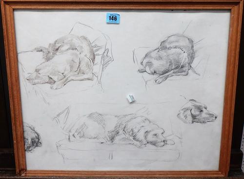 A group of seven, including A. Richard Turner, studies of a sleeping labrador, pencil; Owen Way, study of a desert nomad, Percy Hipkiss, children on t