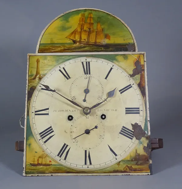 A 19th century longcase clock with 8 day movement, the dial with two subsidiary dials, painted with ships J.Howden & Co Edinburgh.   S2B