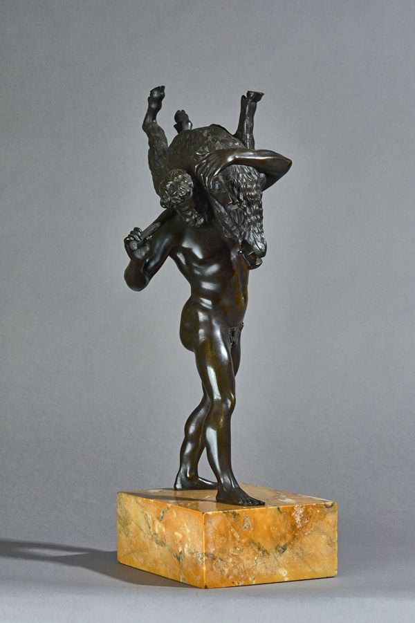 A French bronze figure, 19th century, depicting Hercules delivering the Erymanthian boar to Eurystheus, raised on a yellow variegated marble plinth, u