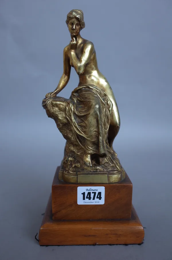A French gilt metal female nude on a walnut plinth, a gilt metal model of a cockerel on a green vein marble plinth, 23cm and a Moigniez style bronze b