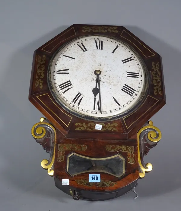 A 19th century rosewood and brass inlaid drop dial wall clock.   S2T