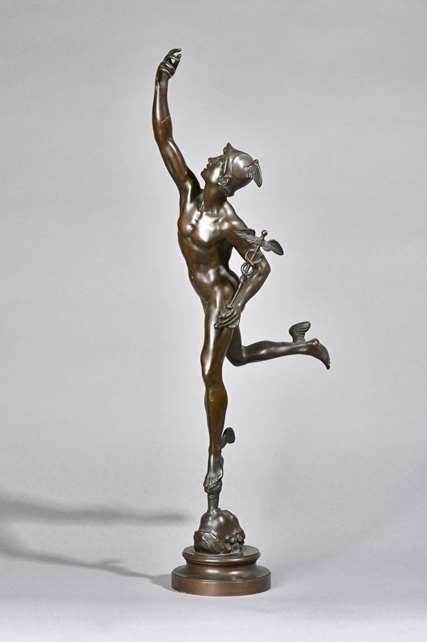 After Jean de Bologne (Belgian 1580-1664), a late 19th century bronze depicting a flying mercury on a cherub head spouting water on a circular base, 7