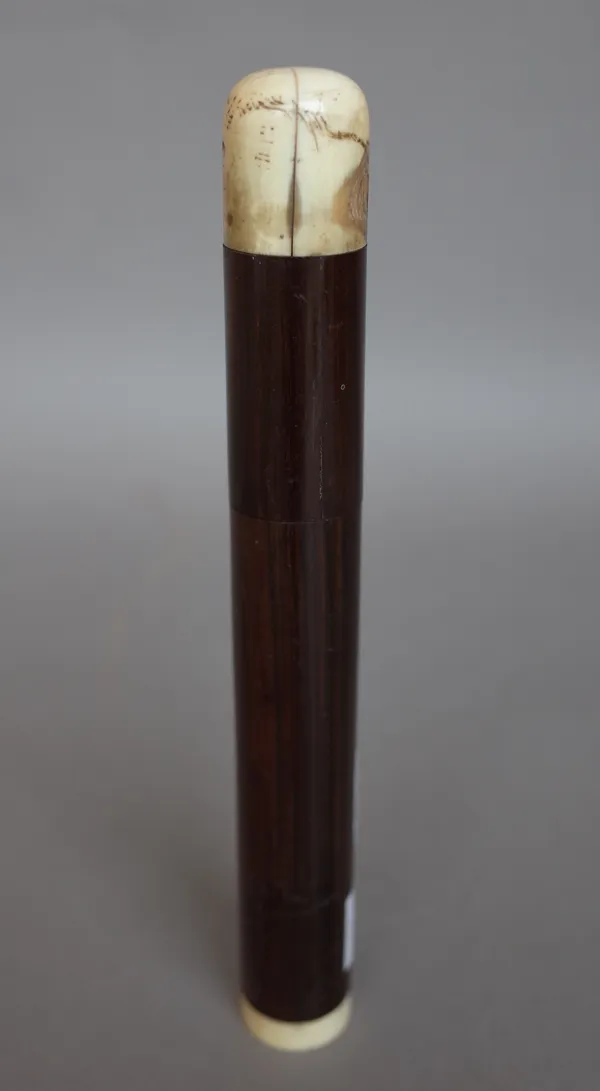 A Berrys patent instantaneous light bottle, circa 1835, of cylindrical rosewood form with ivory mounts, stamped 'BERRYS PATENT' to the screw top, 19cm