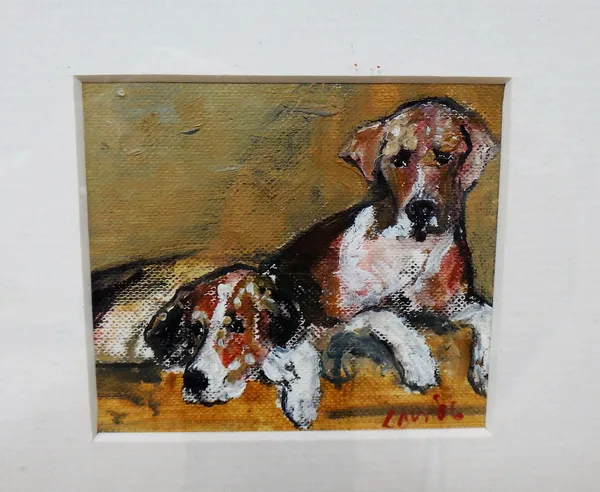 A group of four, including a modern miniature study of beagles, a print 'Fly Spy', 'If a sportsman true you'd be' and another by Piscator 'You did say