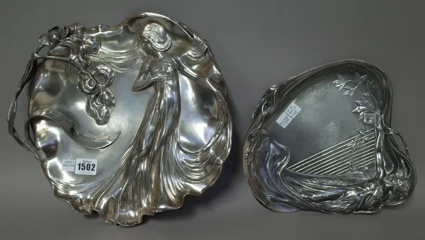 Two WMF pewter Art Nouveau figural dishes stamped maker's marks, circa 1900, 32cm wide, (2).