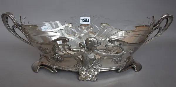 A WMF figural plated pewter Art Nouveau twin handled centrepiece with detachable glass liner stamped maker's marks, circa 1900 and a WMF plated pewter