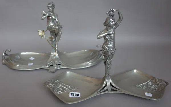 Two WMF pewter Art Nouveau figural serving dishes stamped maker's marks, circa 1900, 47cm wide, (2).