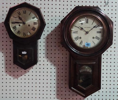 A 19th century 8 day drop dial wall clock in stained oak case, Seth Thomas and a smaller ebonised wall clock, (2).   E5