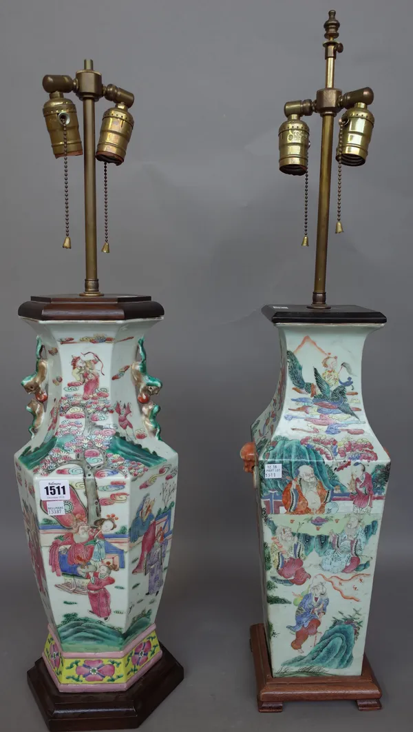 A Chinese porcelain famille rose vase/table lamp of hexagonal baluster form, with twin dragon handles on a later wooden base, vase, 43cm high and anot