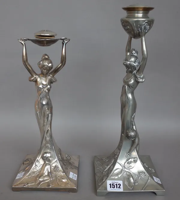 Two WMF pewter figural Art Nouveau comport bases (both missing glass dish) one with stamped maker's marks, circa 1900, 36cm high, (2).