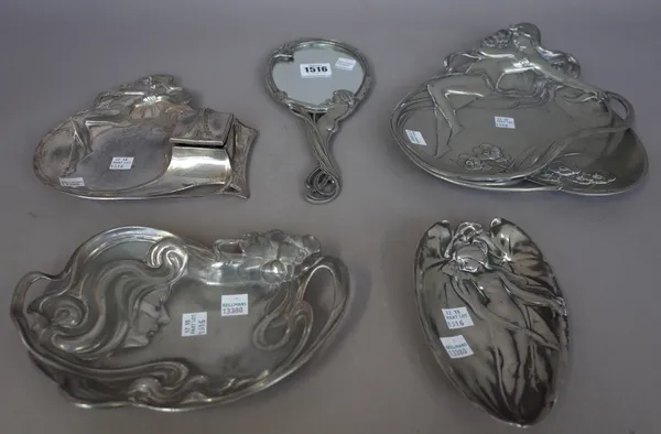 Five items of WMF figural Art Nouveau pewter ware stamped maker's marks, circa 1900, hand mirror, 26cm, (5).