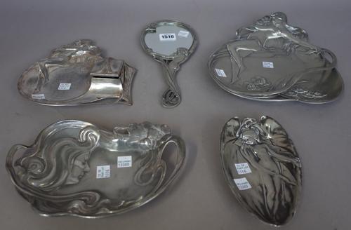 Five items of WMF figural Art Nouveau pewter ware stamped maker's marks, circa 1900, hand mirror, 26cm, (5).