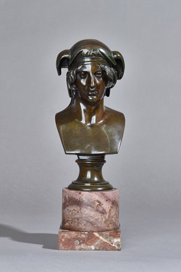 A French bronze bust of Mercury, late 19th century, on a marble plinth base, unsigned, 35cm high overall. Illustrated.