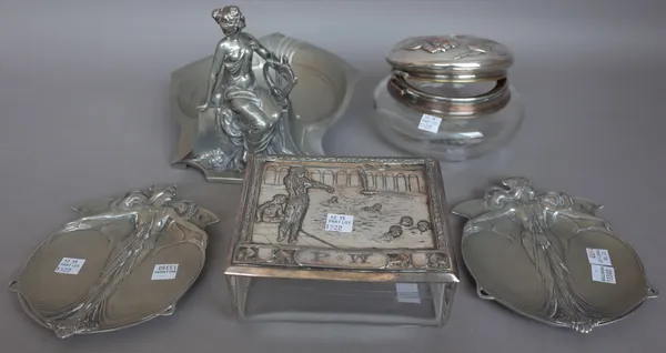 A WMF pewter figural dish stamped maker's marks, circa 1900, 25cm wide and four further WMF items, (5).