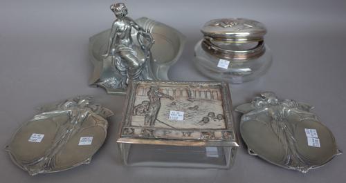 A WMF pewter figural dish stamped maker's marks, circa 1900, 25cm wide and four further WMF items, (5).
