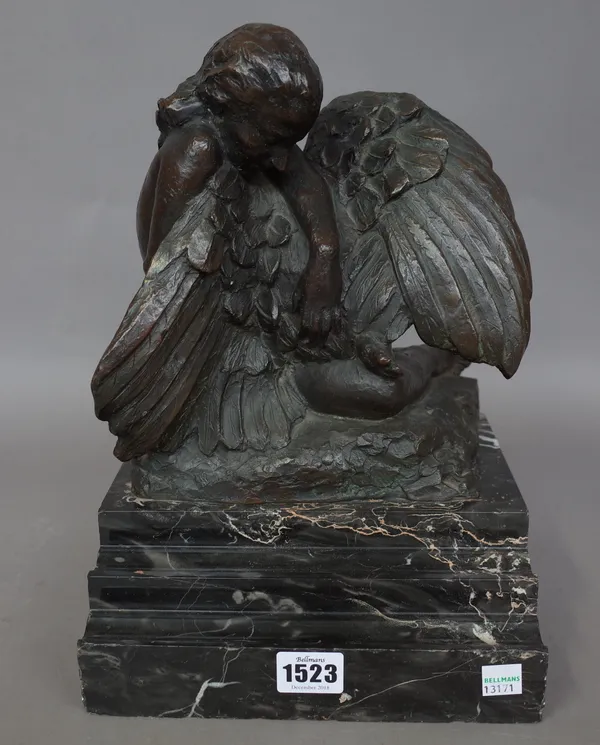 A bronze model of Leda & the Swan, signed L. Mouradoff 1935, on a stepped marble plinth, 31cm high overall.