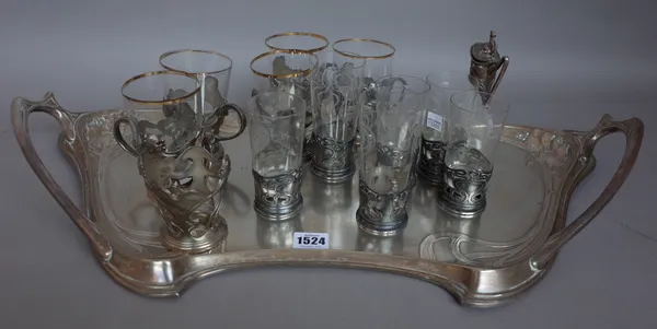 A WMF pewter Art Nouveau drinks set stamped maker's marks, circa 1900, tray 64cm across the handles.