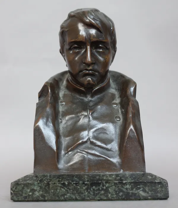 A French bronze bust of Napoleon, late 19th century, signed to cast H.Muller, on a green vein marble plinth, 18cm high overall.