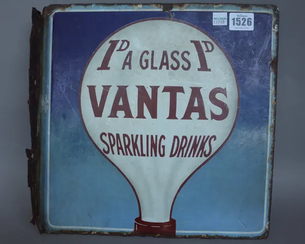 'VANTAS SPARKLING DRINKS' a vintage, double sided enamel sign by Bruton, London. (a.f.) 30.5cm x 30cm.