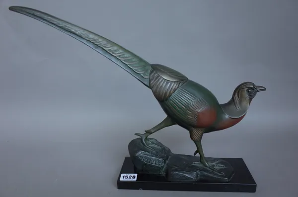 A French Art Deco polychrome spelter pheasant, signed 'T. ROCHARD' on a black marble rectangular plinth, 32.5cm high.