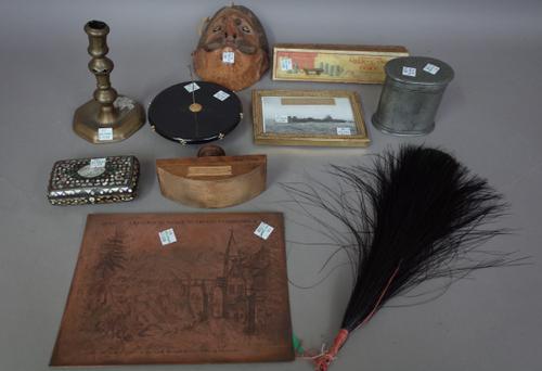A quantity of collectables including; a polychrome painted wooden mask, Hornby miniature milk cans with truck, boxed, a hardstone and gilt metal mount