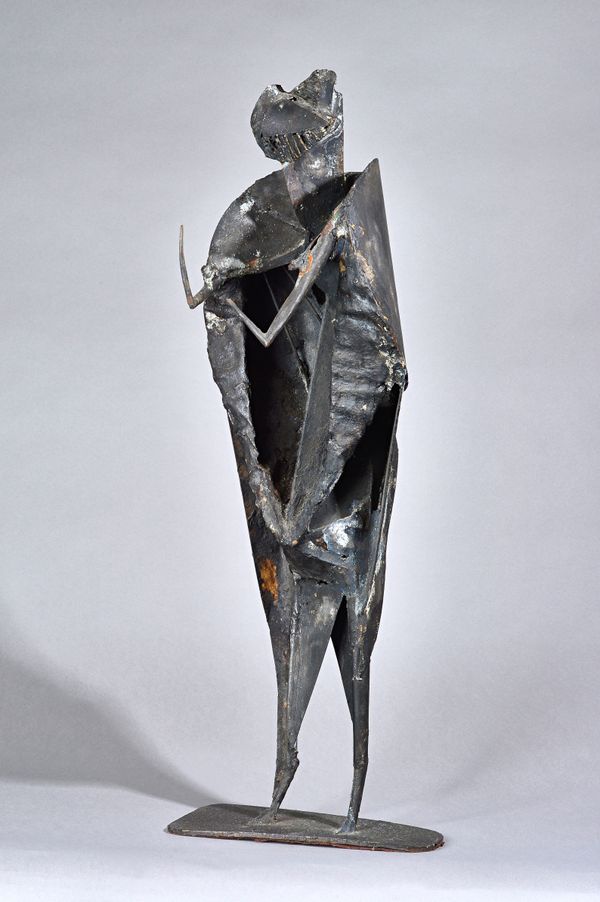An abstract bronze and sheet metal 'Winged figure', late 20th century in the manner of Lynn Chadwick, unsigned, 79cm high. Illustrated.