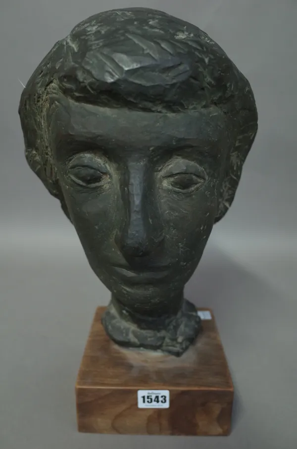 English school, 20th century, bronze bust of a lady, unsigned, on an oak plinth, 40cm high overall.