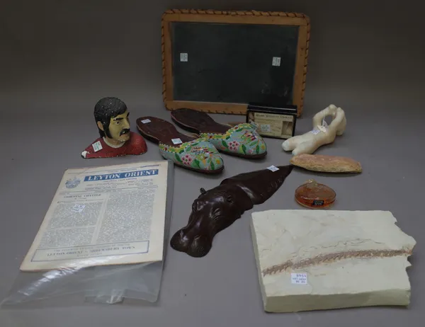 A quantity of collectables including two fossiled specimens, an alabaster figure, 17cm,  a silk stocking reputedly belonging to Queen Victoria, a Lali