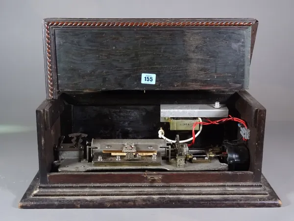 A 19th century and later Swiss style cylinder music box, contained in an oak case, later converted to electricity, (qty).   S2M